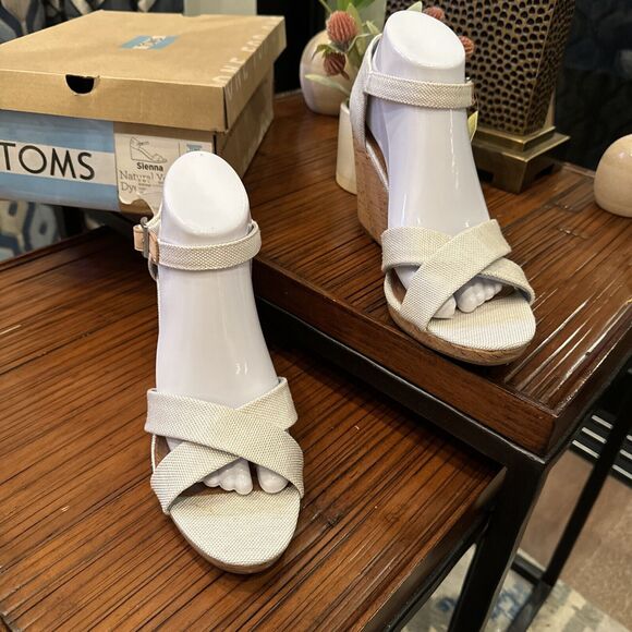 TOMS Sandals New Womens 10 Ankle Strap Natural Cork Sienna Wedge Beige Canvas - Picture 3 of 11